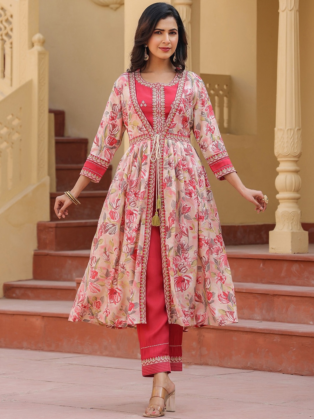 

Yufta Pink Floral Embroidered Ethnic Crop Top & Trousers with Shrug