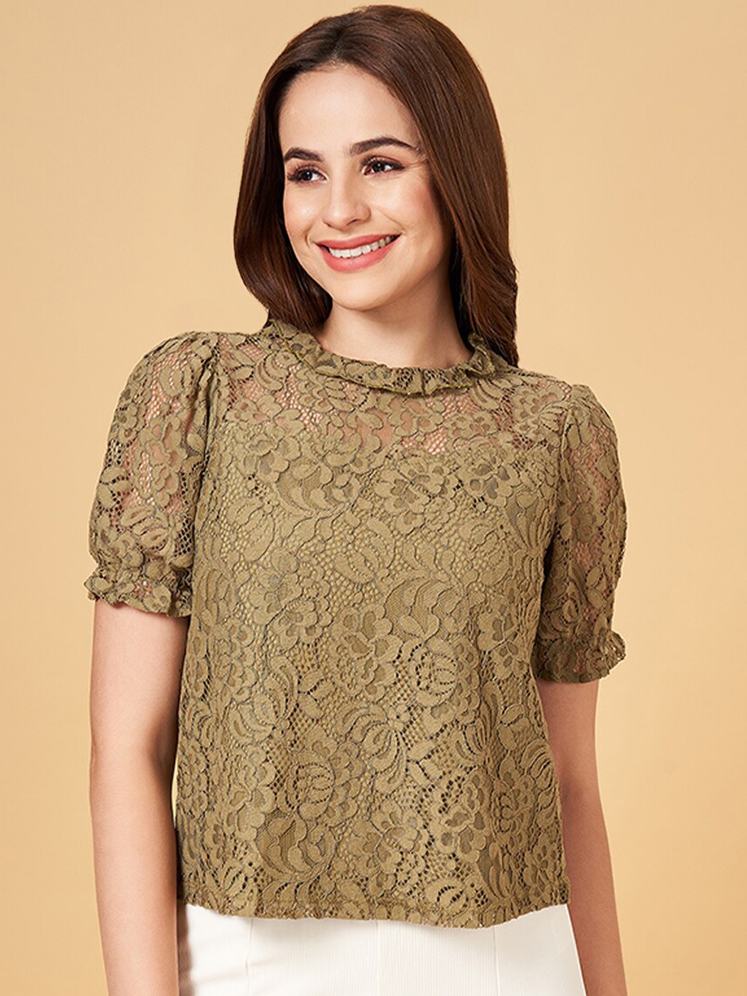 

Honey by Pantaloons Self Design Puff Sleeves Top, Olive