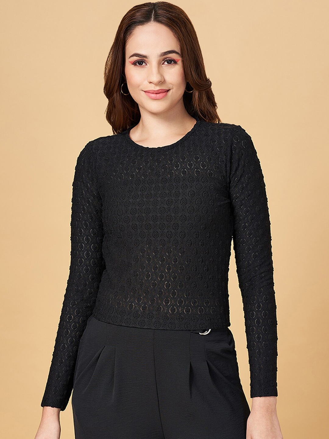 

People Black Self Design Semi Sheer Top