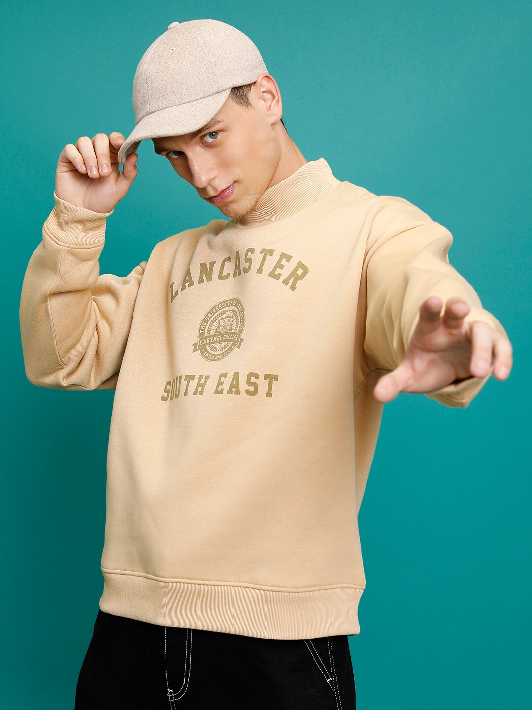 

HIGHLANDER Typography Printed Oversized Drop Shoulder Highneck Pullover Sweatshirt, Beige