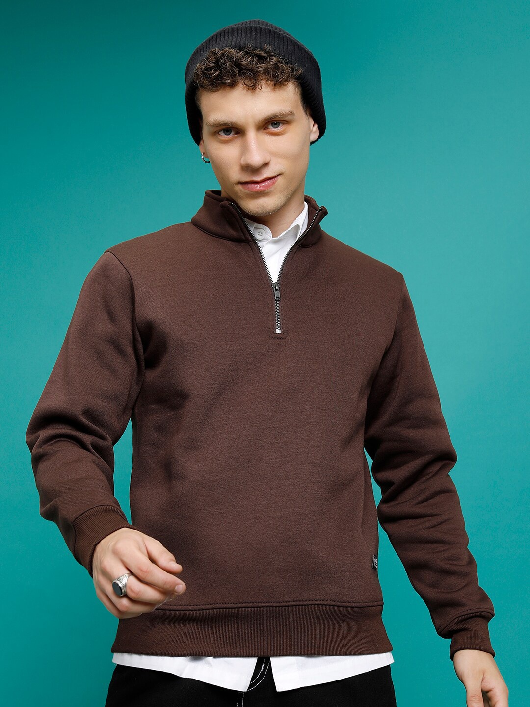 HIGHLANDER Mock Collar Half Zipper Sweatshirt, Coffee brown