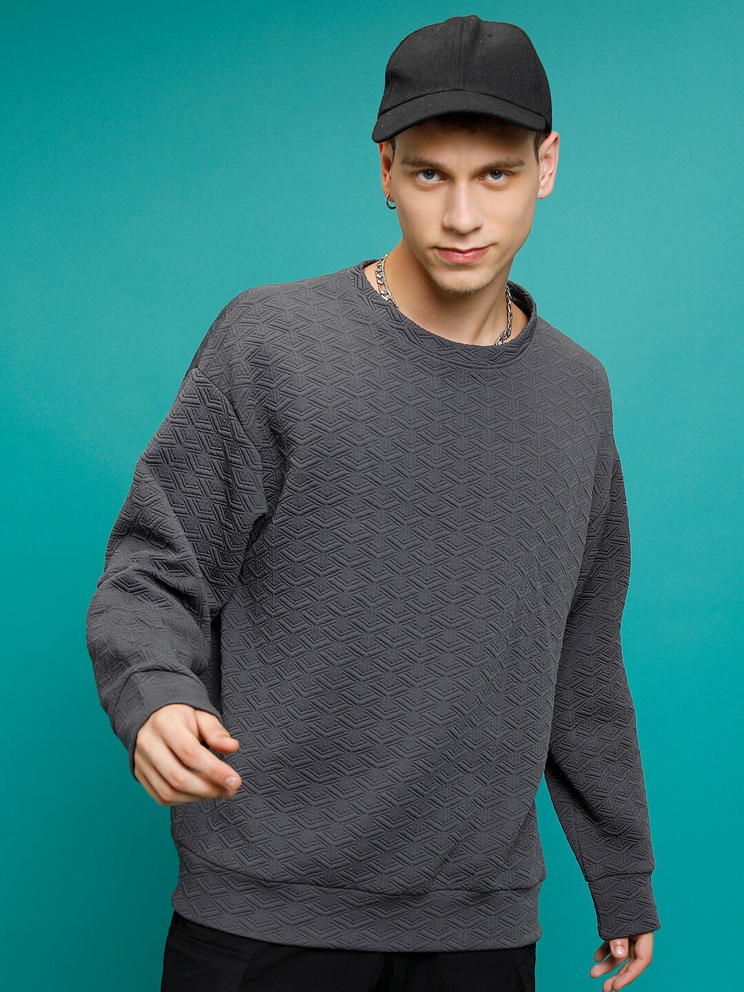 

HIGHLANDER Self Design Oversized Drop Shoulder Round Neck Textured Sweatshirt, Grey