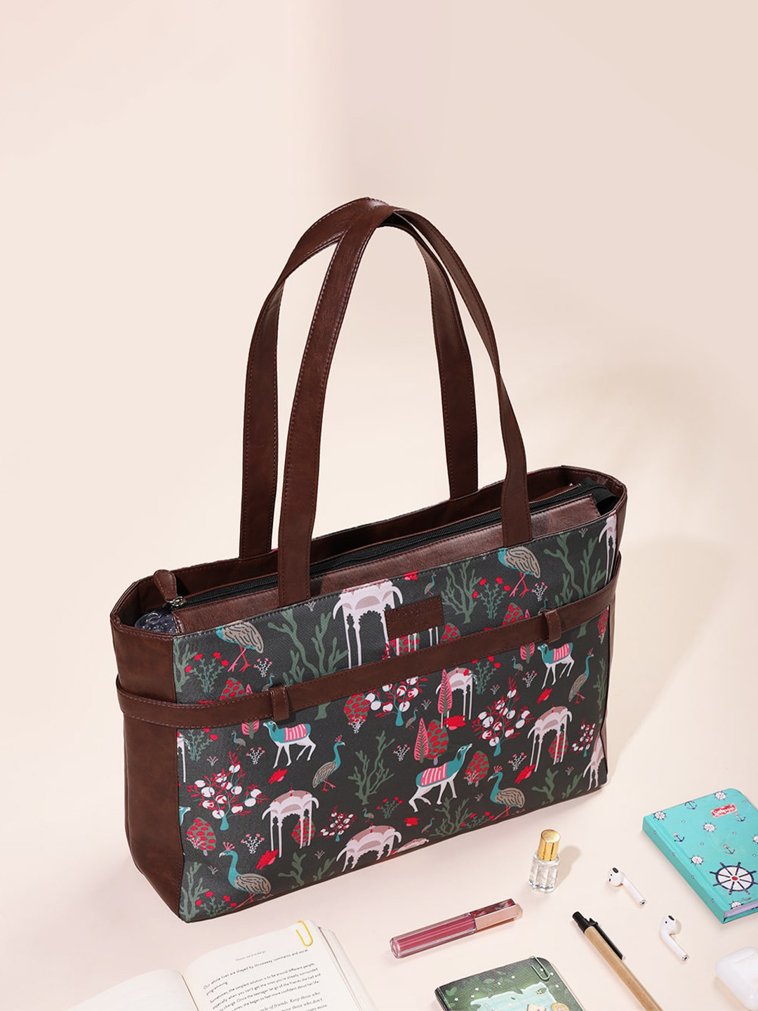 

Happening Hippo Women Wildlife Floral Printed Laptop Bag Up to 15 inch, Brown