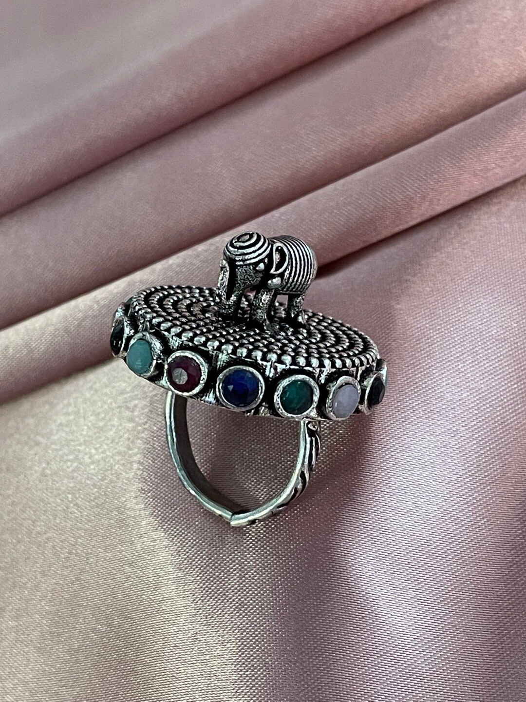 

Digital Dress Room Silver Plated Stone Studded Elephant Design Finger Ring
