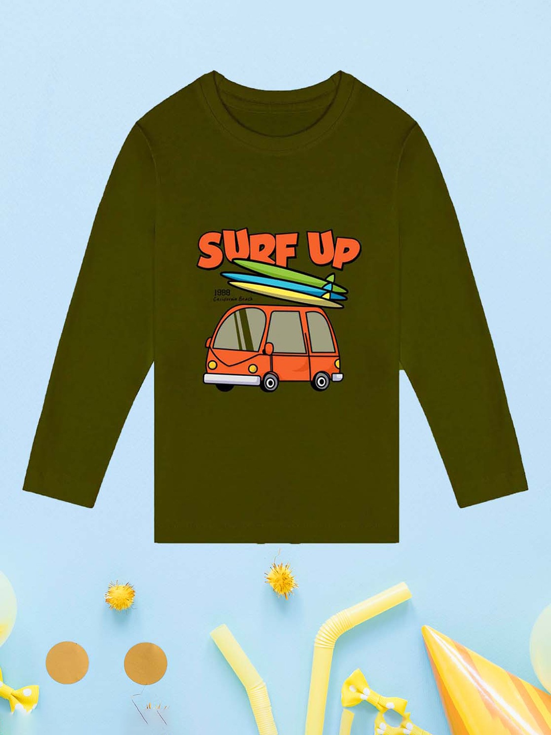 NUSYL Boys Bus Retro Icon Printed Long Sleeves Cotton T-shirt, Green