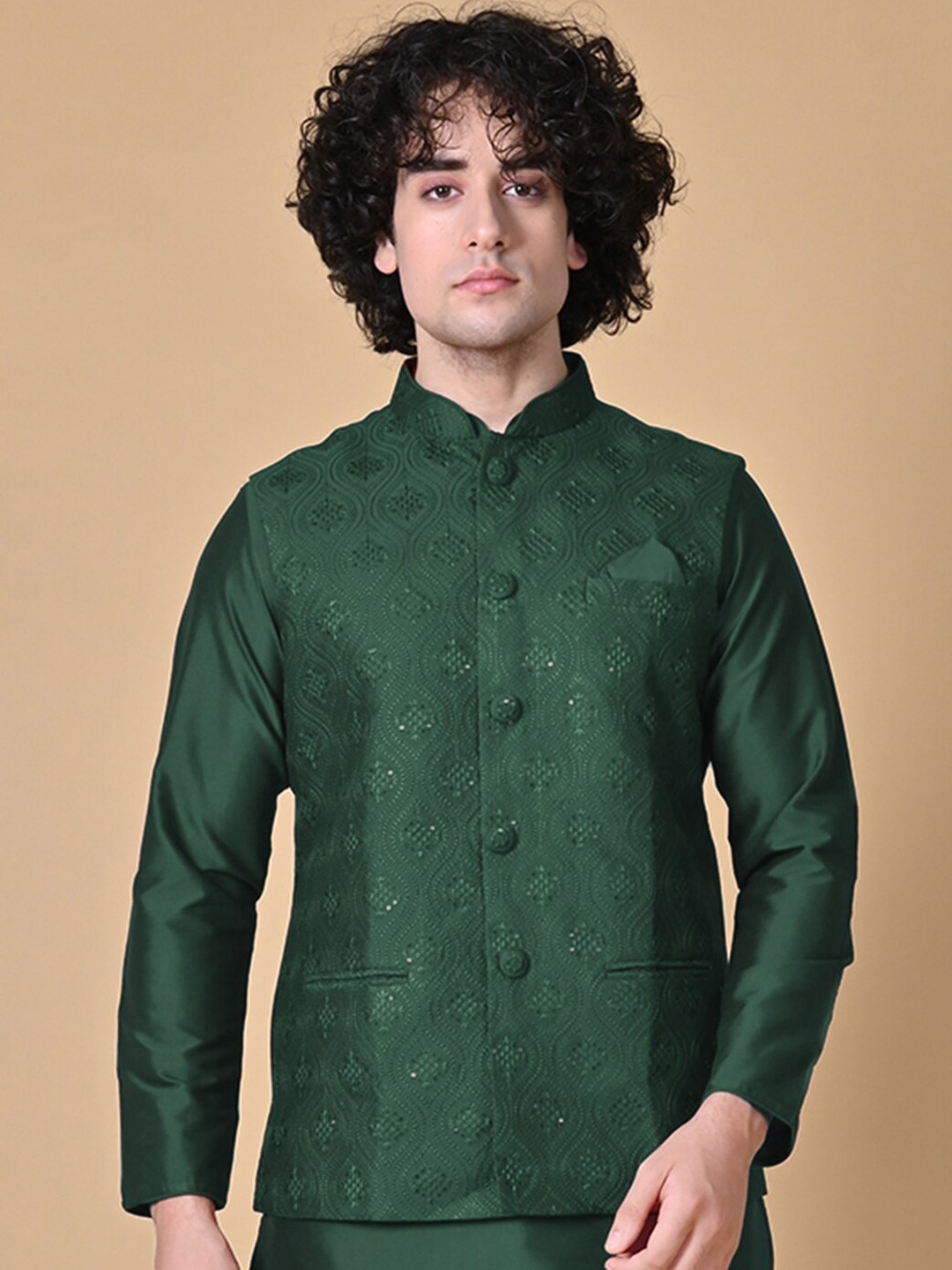 

MAAHI FABS Mandarin Collar Straight Kurta With Churidar & Nehru Jacket, Green