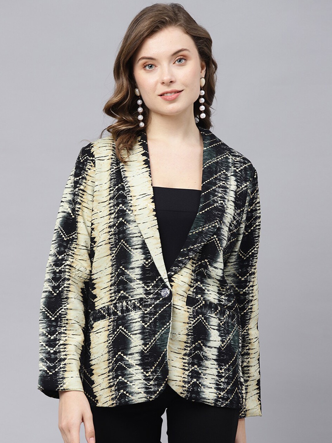 

DEEBACO Tie & Dye Foil Printed Rayon Shawl Collar Single Breasted Blazer With Pockets, Black