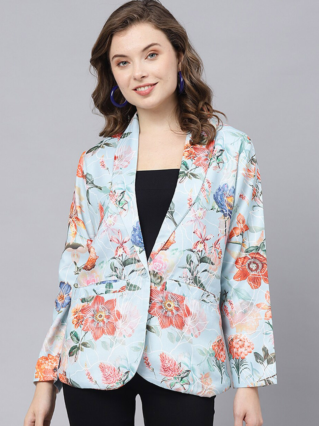 

DEEBACO Women Floral Printed Linen Single-Breasted Shawl Collar Blazer With Two Pockets, Blue