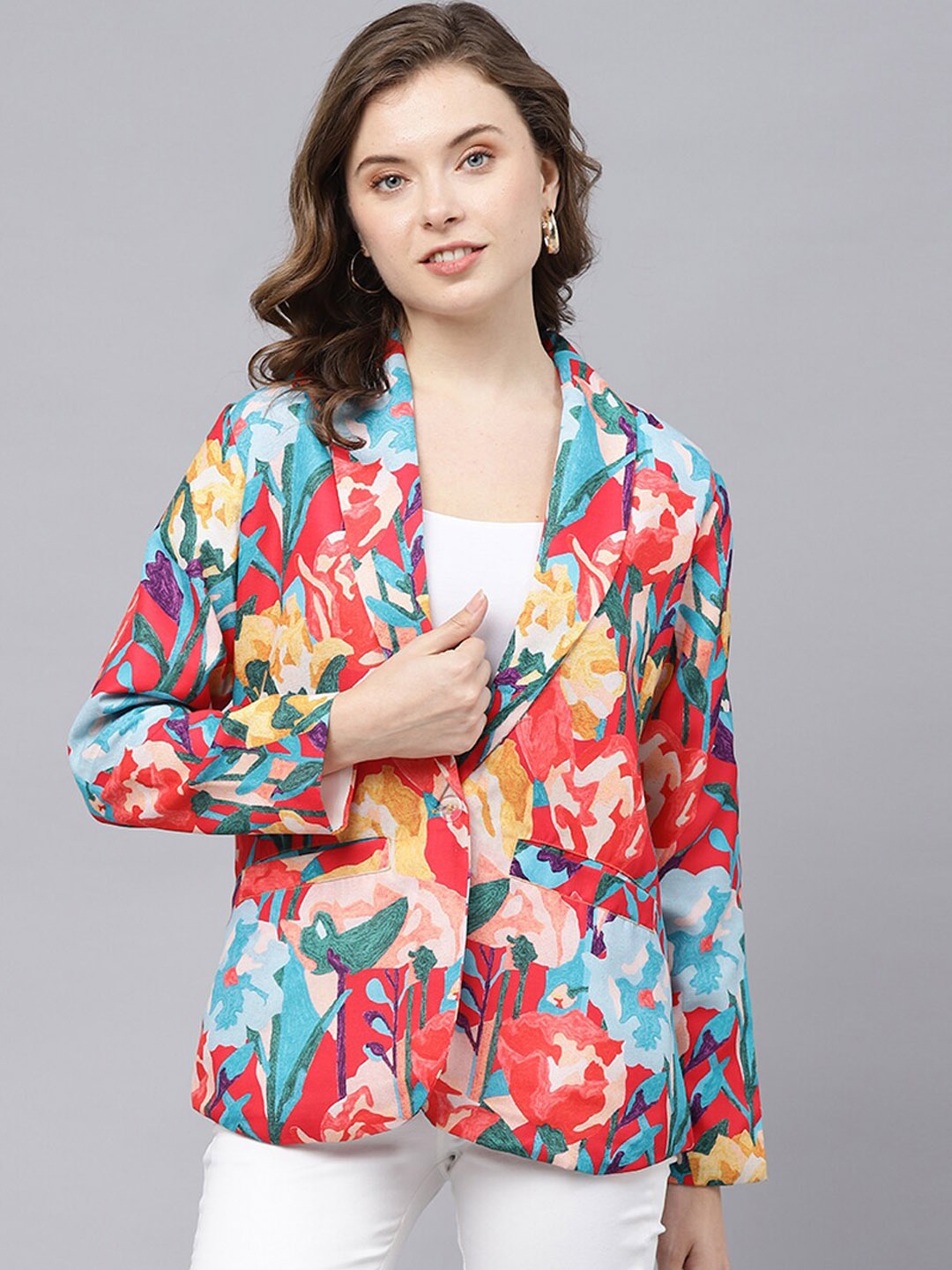 

DEEBACO Printed Linen Shawl Collar Single Breasted Blazer With Pockets, White