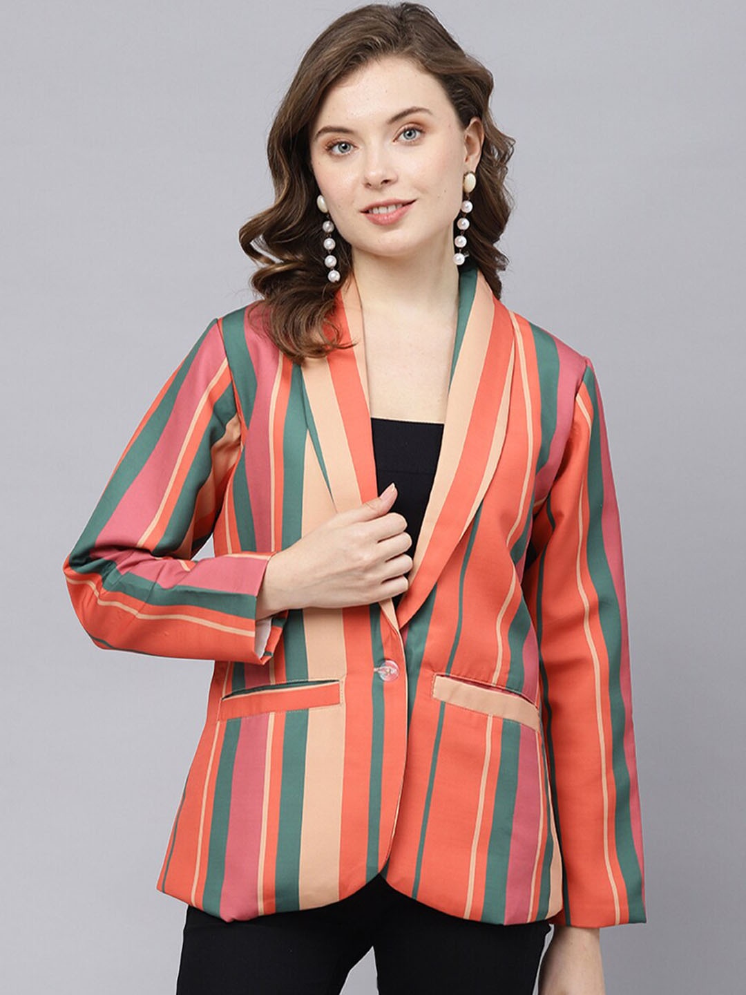 

DEEBACO Stripes Print Rayon Shawl Collar Blazer, Pink