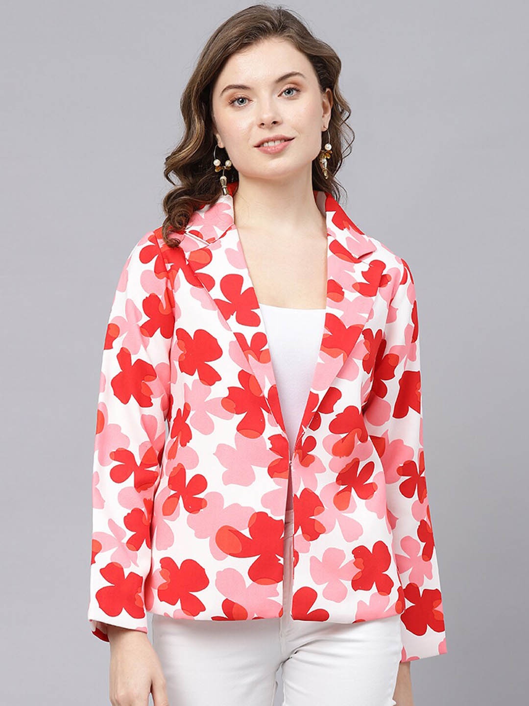 

DEEBACO Floral Printed Notch Lapel Collar Blazer, White