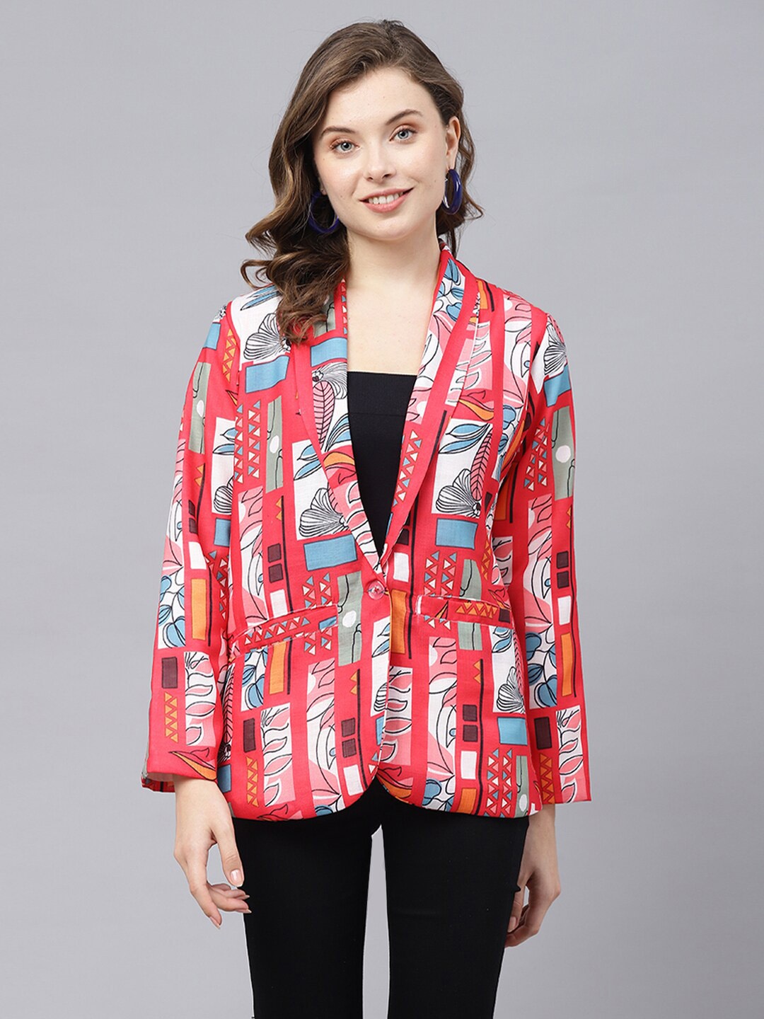 

DEEBACO Abstract Printed Linen Shawl Collar Single Breasted Blazer With Pockets, Red