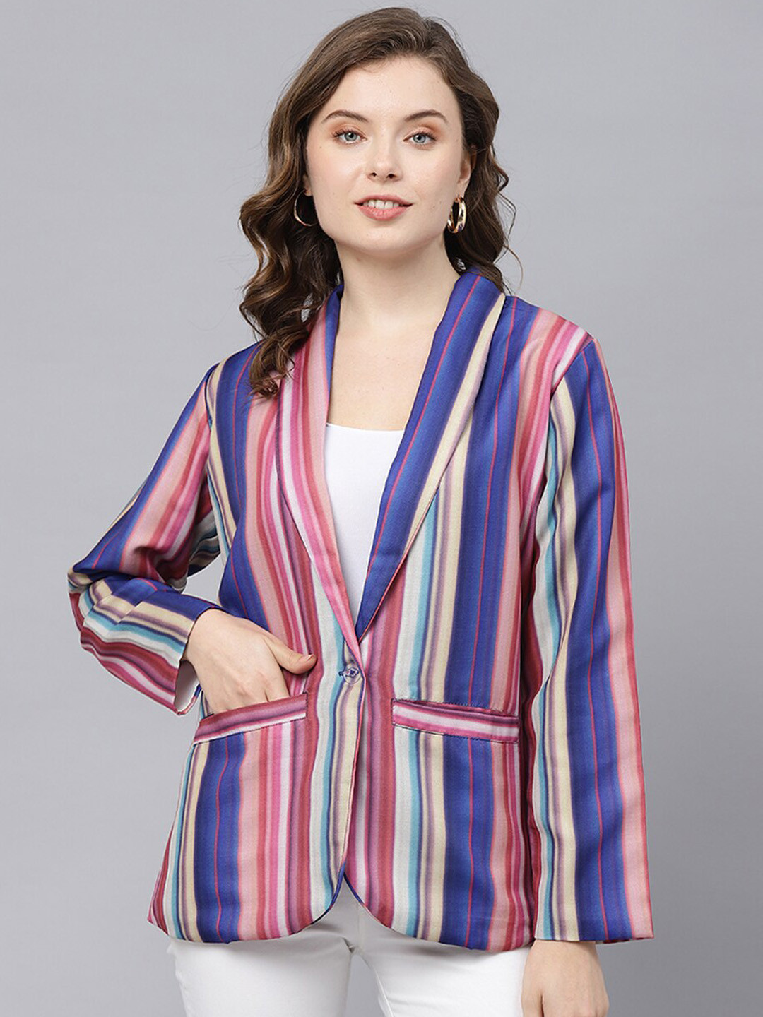 

DEEBACO Printed Linen Shawl Collar Single Breasted Blazer with Pockets, Blue