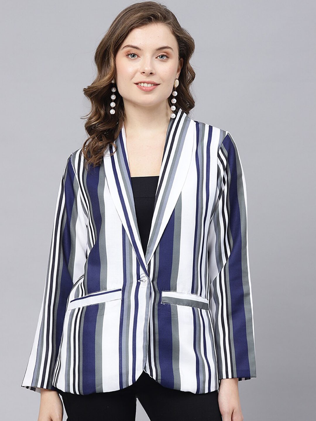 

DEEBACO Women Striped Linen Shawl Collar Single Breasted Blazer With Pockets, White