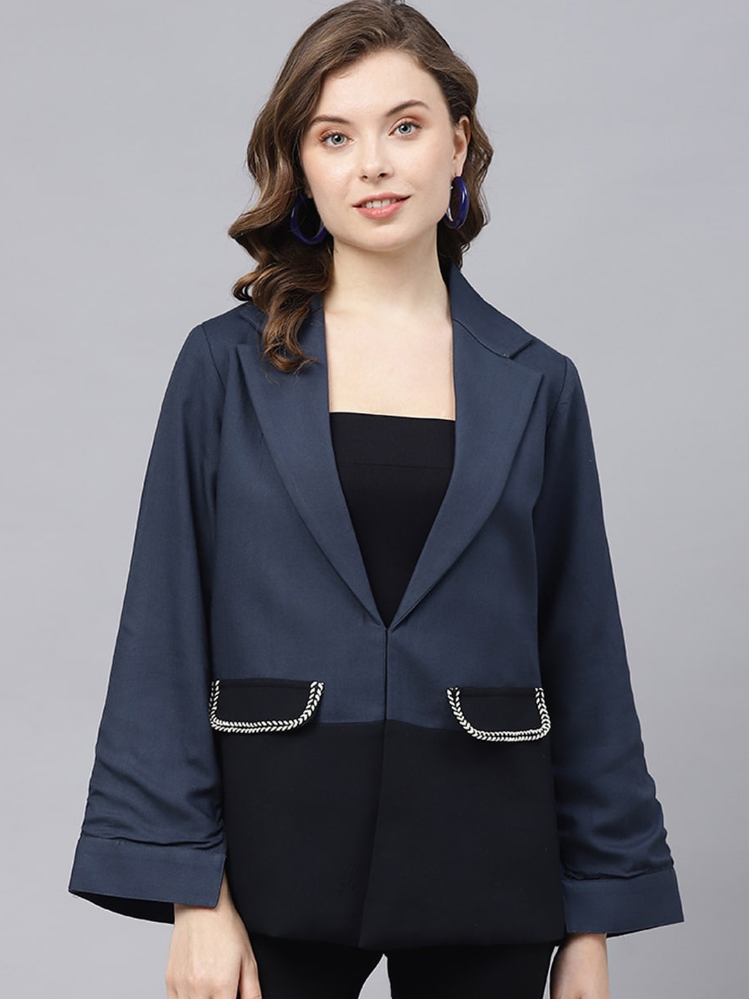 

DEEBACO Women Solid Notch Lapel Collar Viscose Rayon Blazer, Navy blue