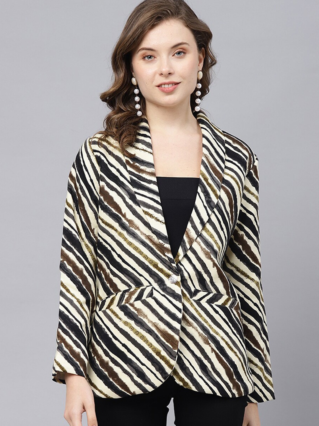 

DEEBACO Stripes Print Rayon Shawl Collar Blazer, Grey