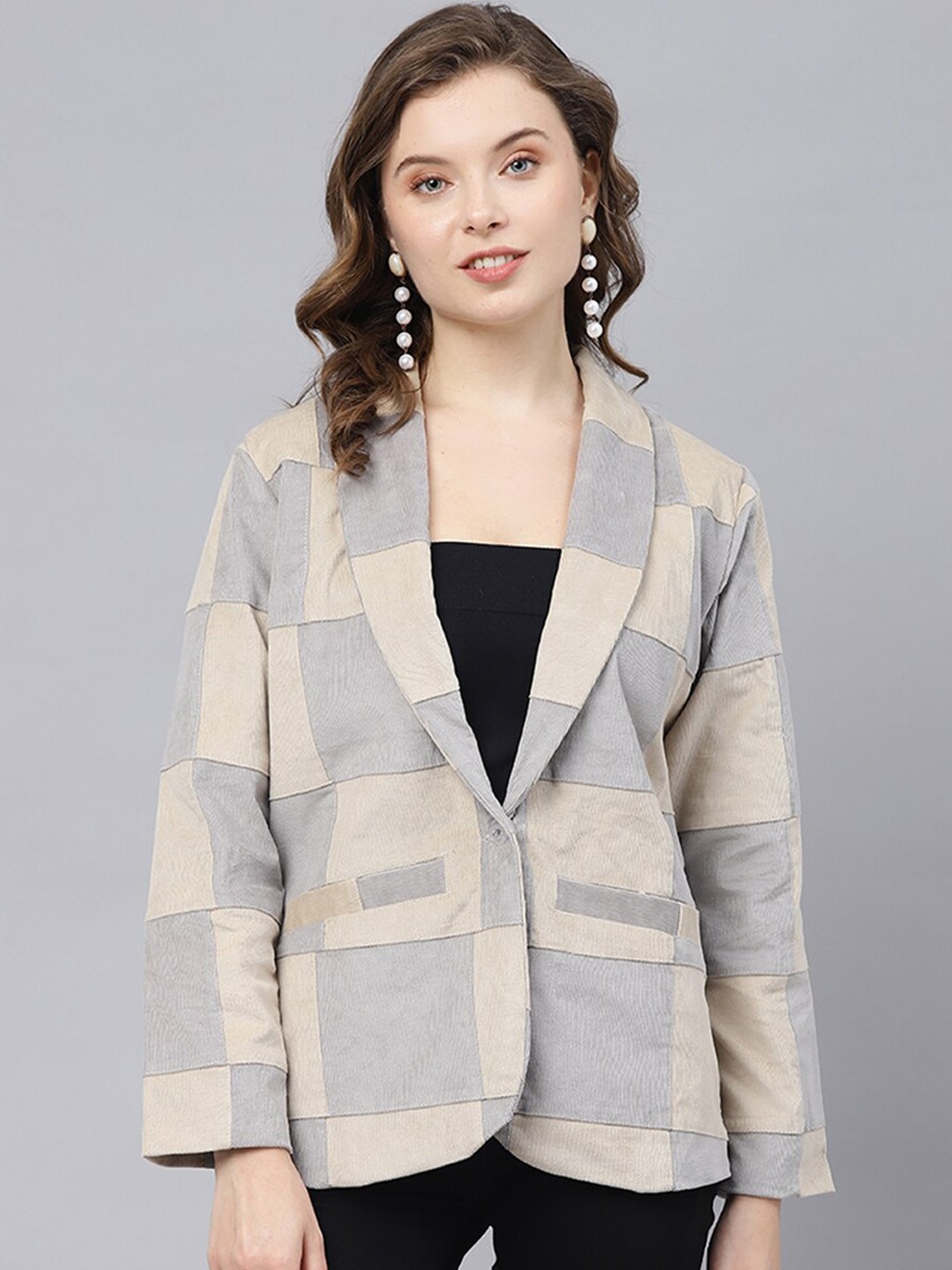 

DEEBACO Block Print Cotrise Shawl Collar Blaze, Grey