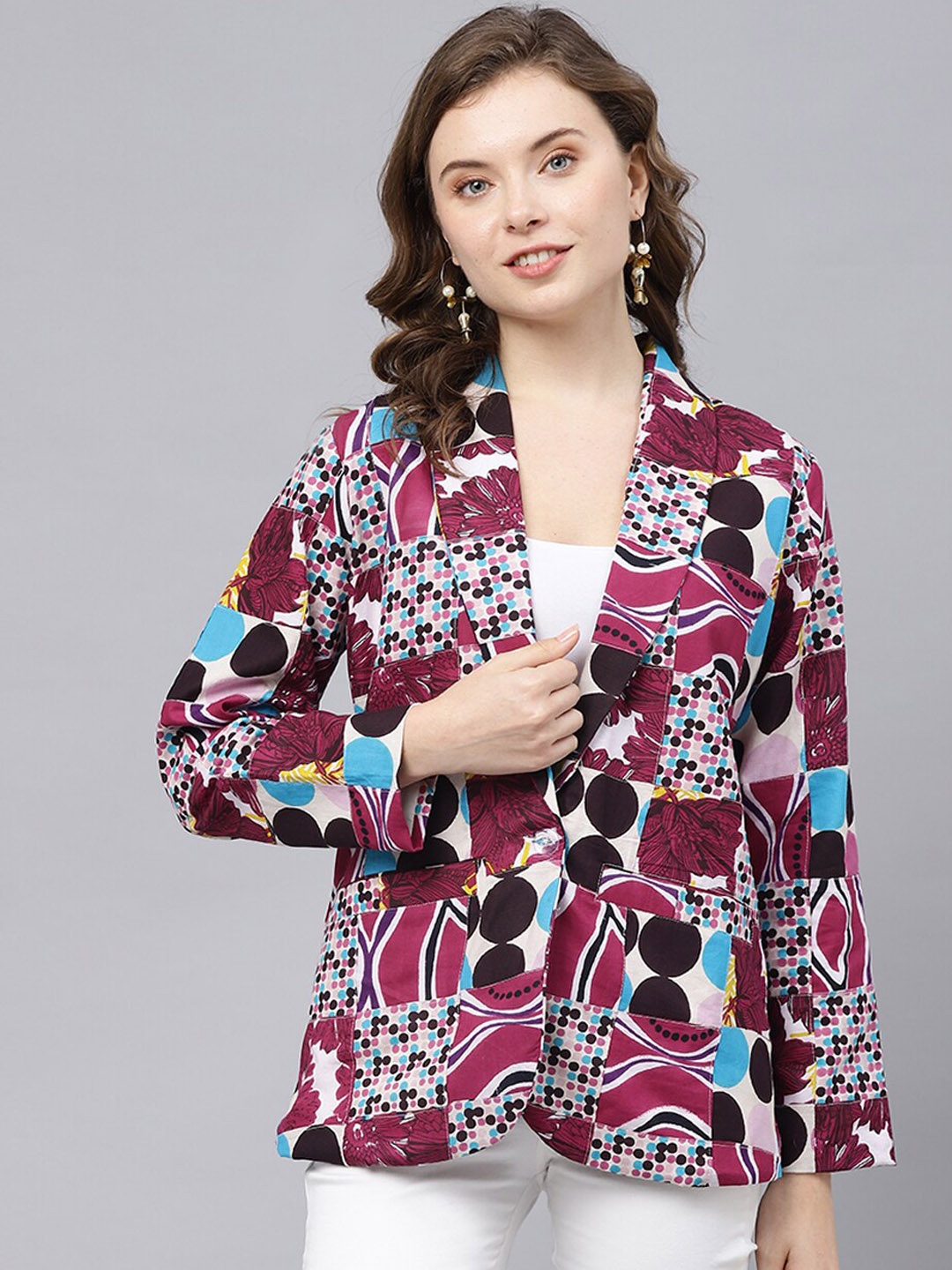

DEEBACO Abstract Patch Print Rayon Shawl Collar Blazer, Purple