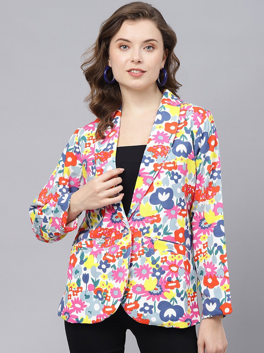 

DEEBACO Floral Printed Shawl Collar Single Breasted Blazer, Red