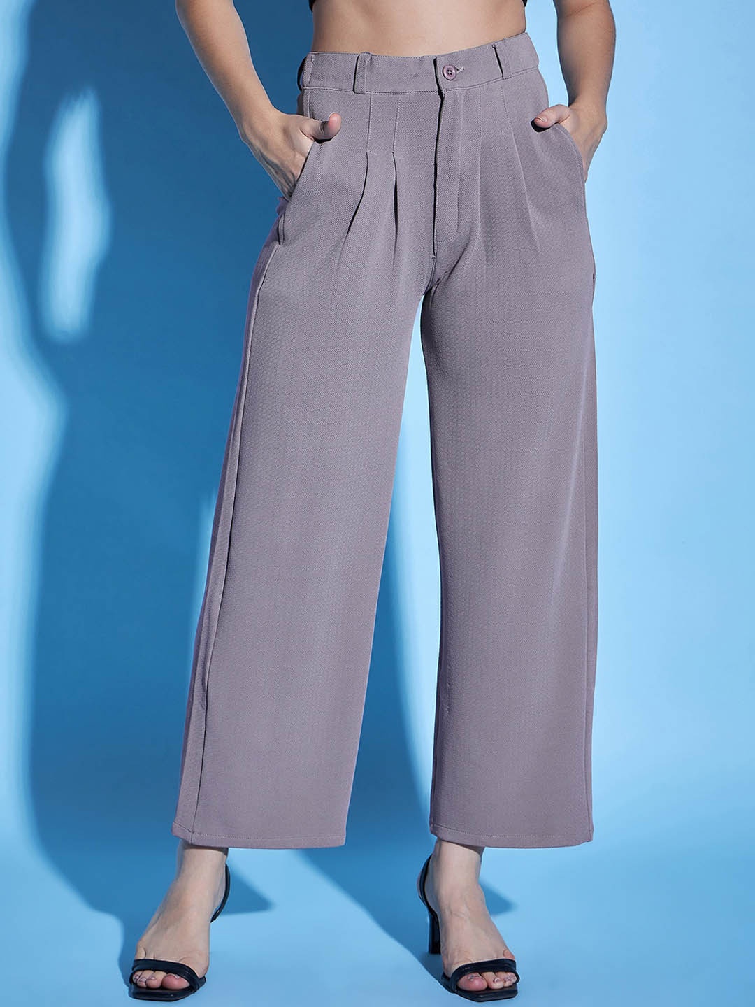

Purple Feather Women Smart Flared High-Rise Pleated Trousers, Grey