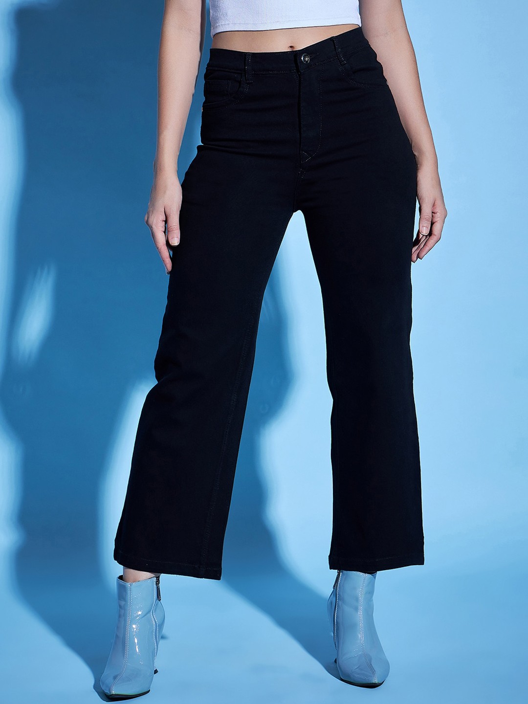 

Purple Feather Wide Leg Black Flared High Waist Jeans
