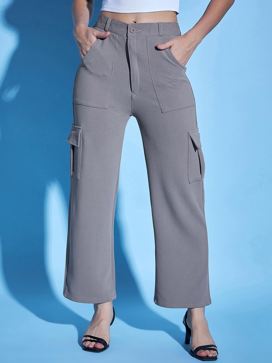 

Purple Feather Women Smart Flared High-Rise Cargos, Grey