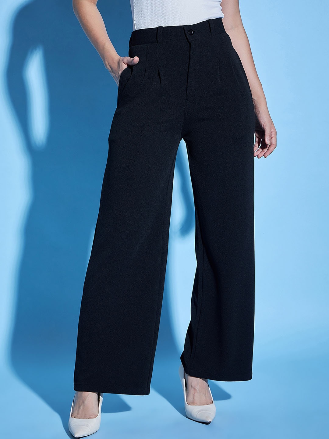 Purple Feather Women Smart Flared High-Rise Trousers, Black