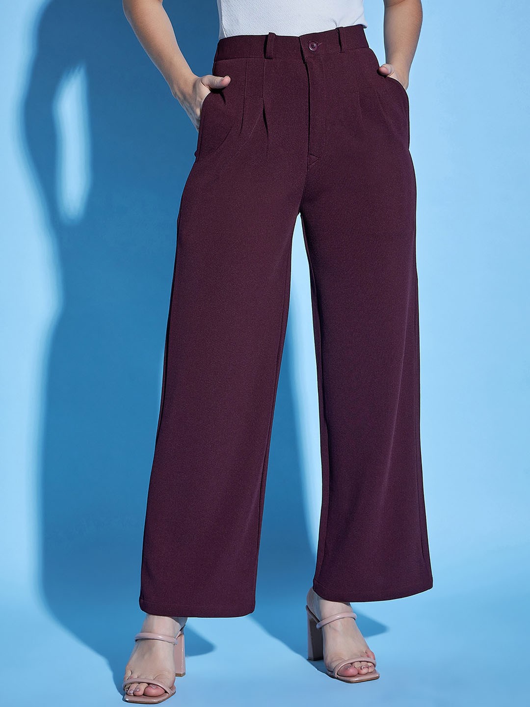 

Purple Feather Women Smart Flared High-Rise Trousers, Burgundy
