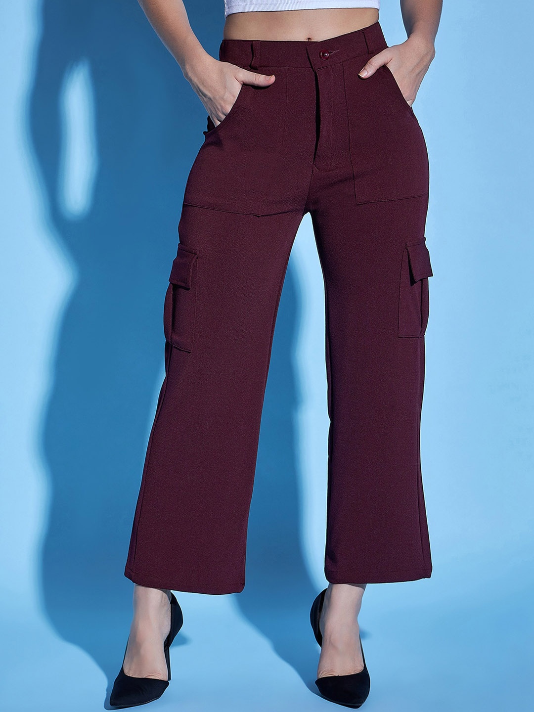 

Purple Feather Women High-Rise Smart Flared High-Rise Cargo Trousers, Burgundy