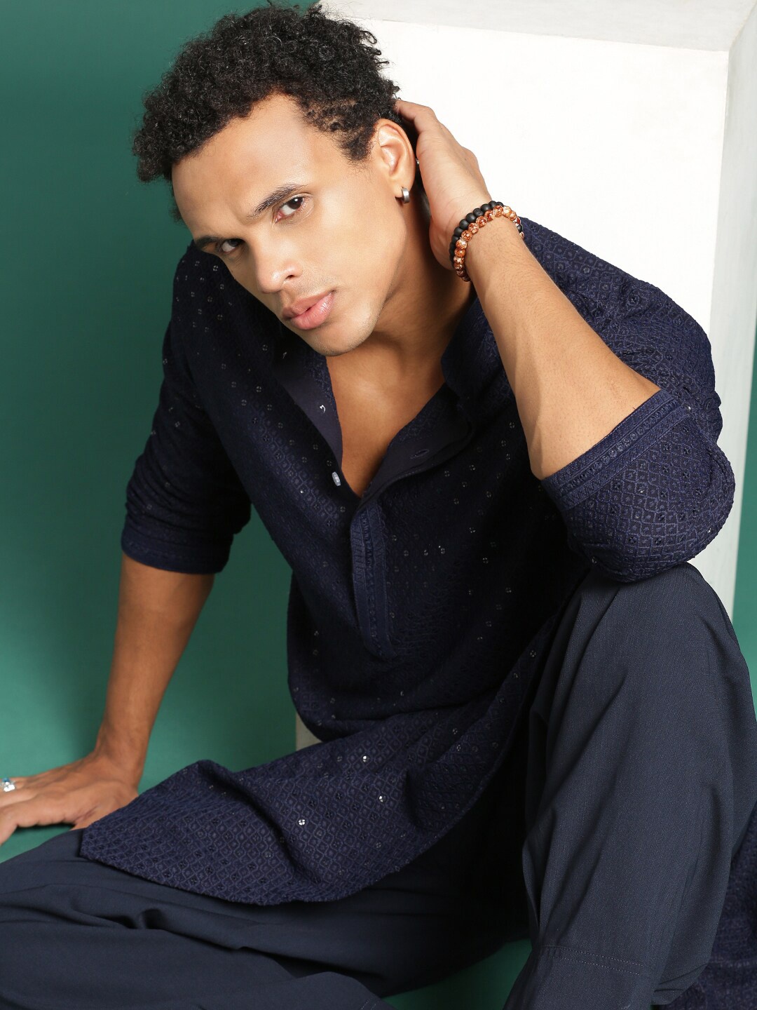 

Sangria Navy Blue Floral Embroidered Cotton Mandarin Collar Chikankari Sequinned Kurta