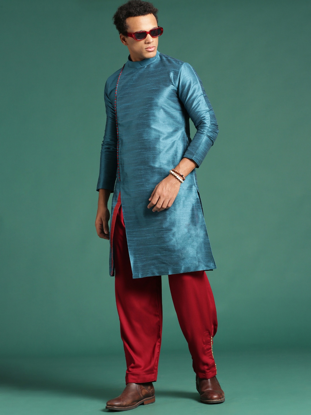 

Sangria Blue Band Collar Angrakha Art Silk Kurta