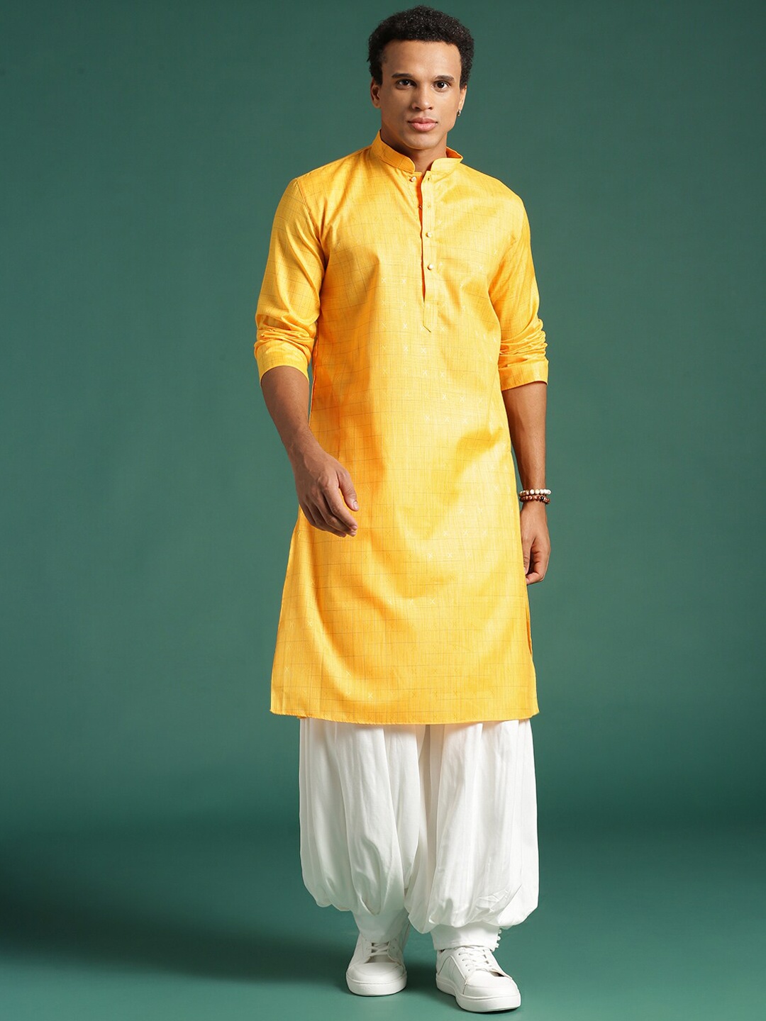 

Sangria Yellow Checked Mandarin Collar Cotton Kurta
