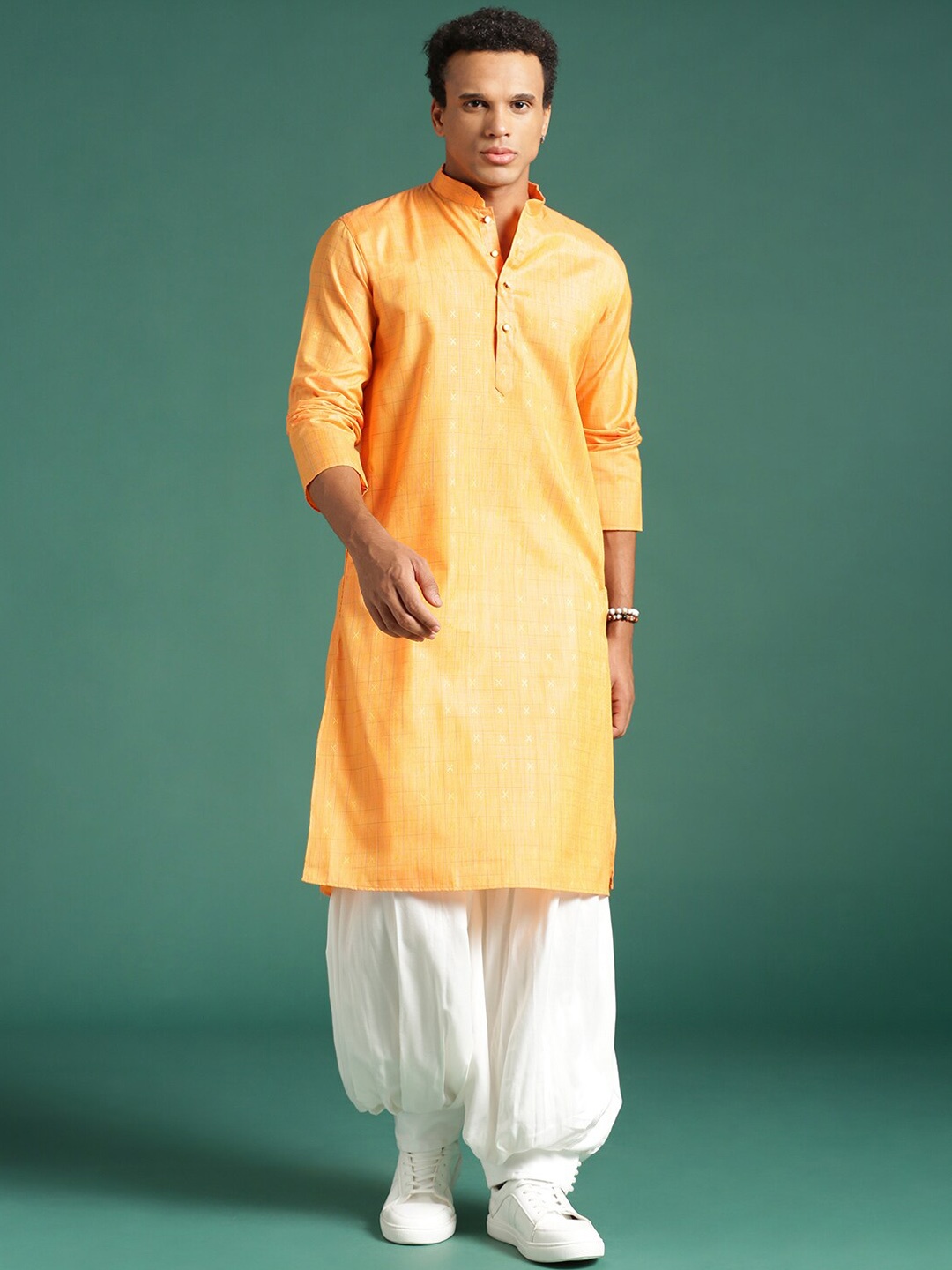 

Sangria Orange Checked Mandarin Collar Zari Straight Kurta