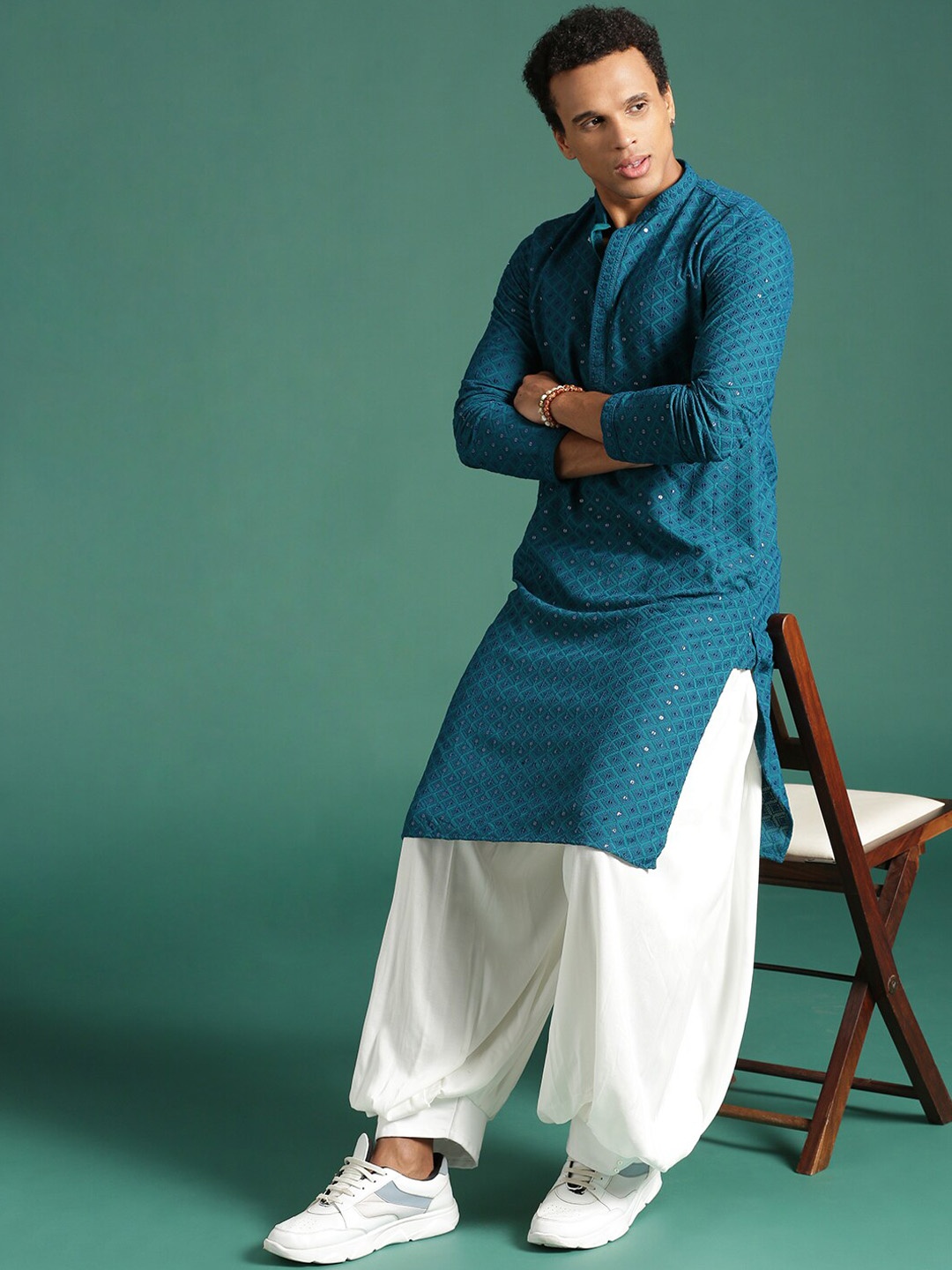 Sangria Teal Sequinned Chikankari Cotton Kurta
