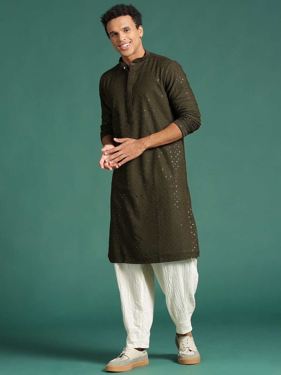 

Sangria Ethnic Motifs Embroidered Sequinned Chikankari Straight Cotton Kurta, Olive