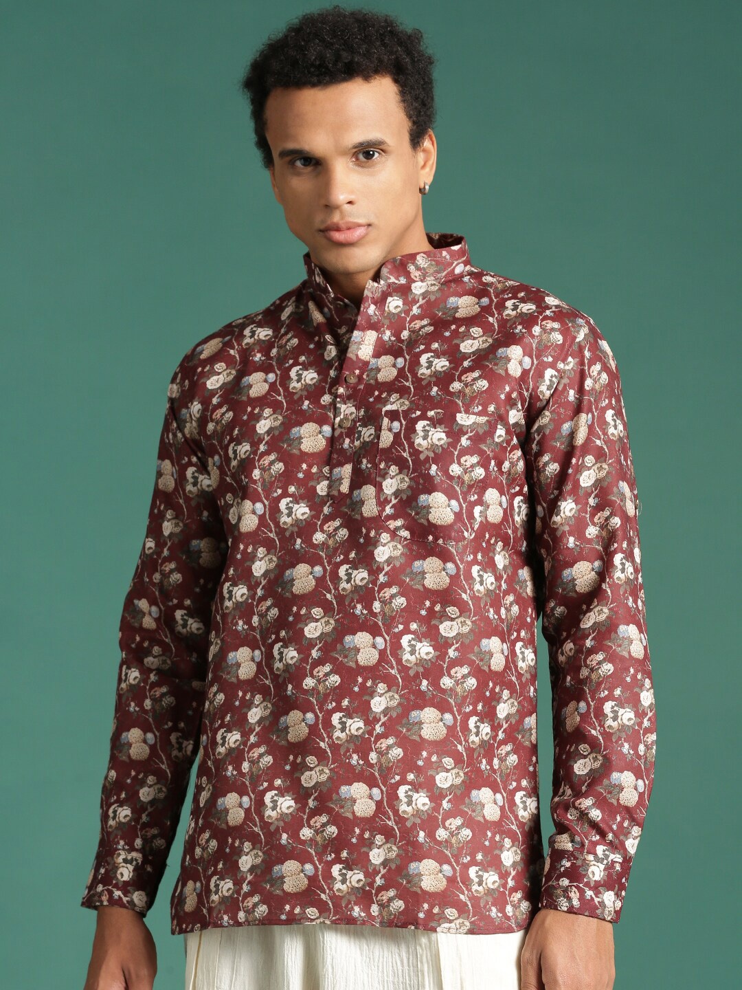 

Sangria Floral Printed Mandarin Collar Kurtas, Maroon