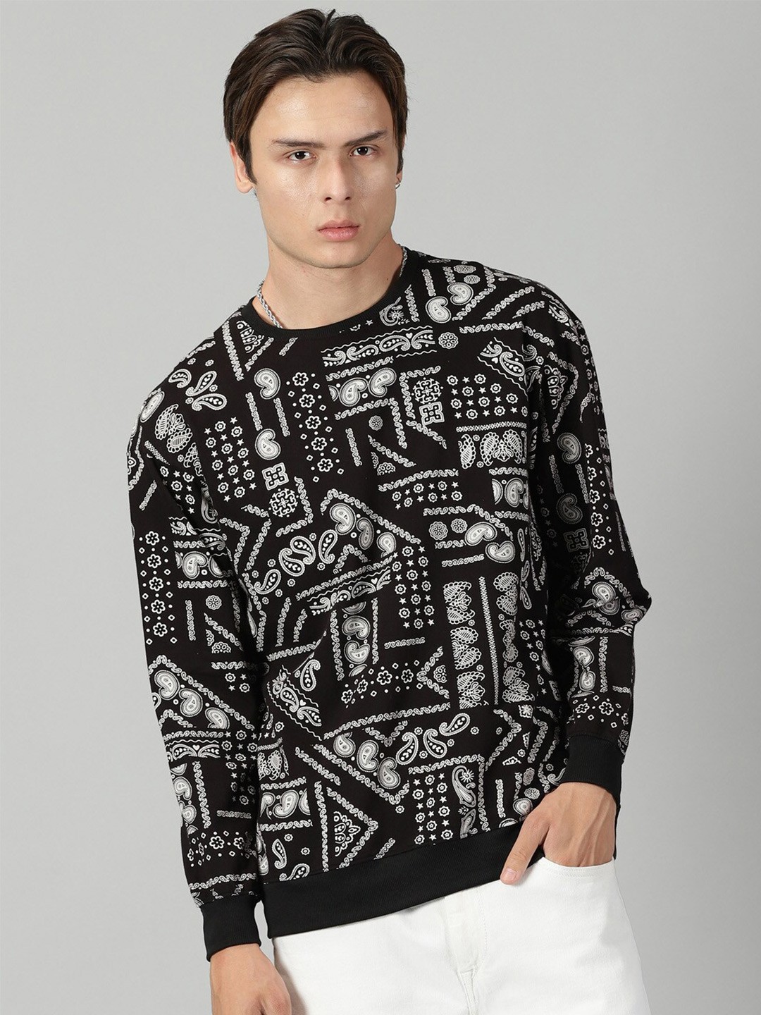 

Rodzen Geometric Printed Cotton Pullover, Black