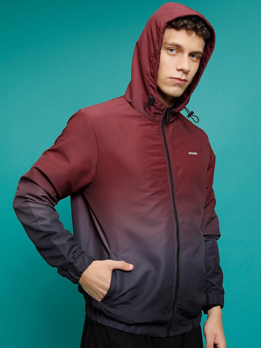 

KETCH Colourblocked Hooded Bomber Jacket, Maroon
