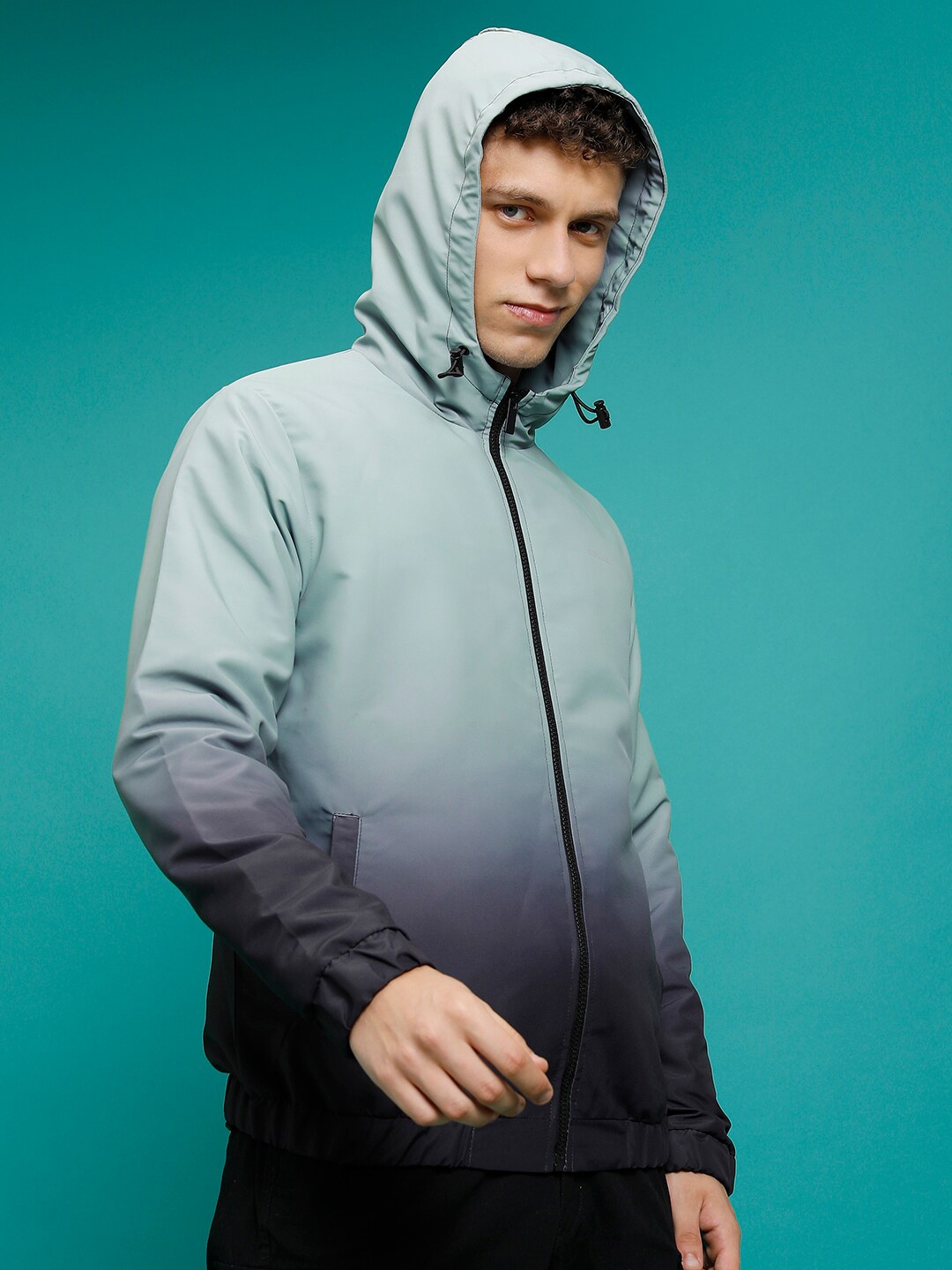 KETCH Grey & Black Colourblocked Hooded Bomber Jacket