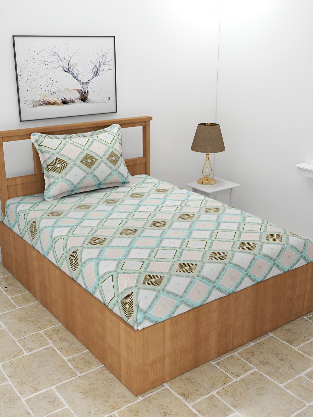 

BREVARD Blue & Green Geometric 210 TC Single Bedsheet with 1 Pillow Cover