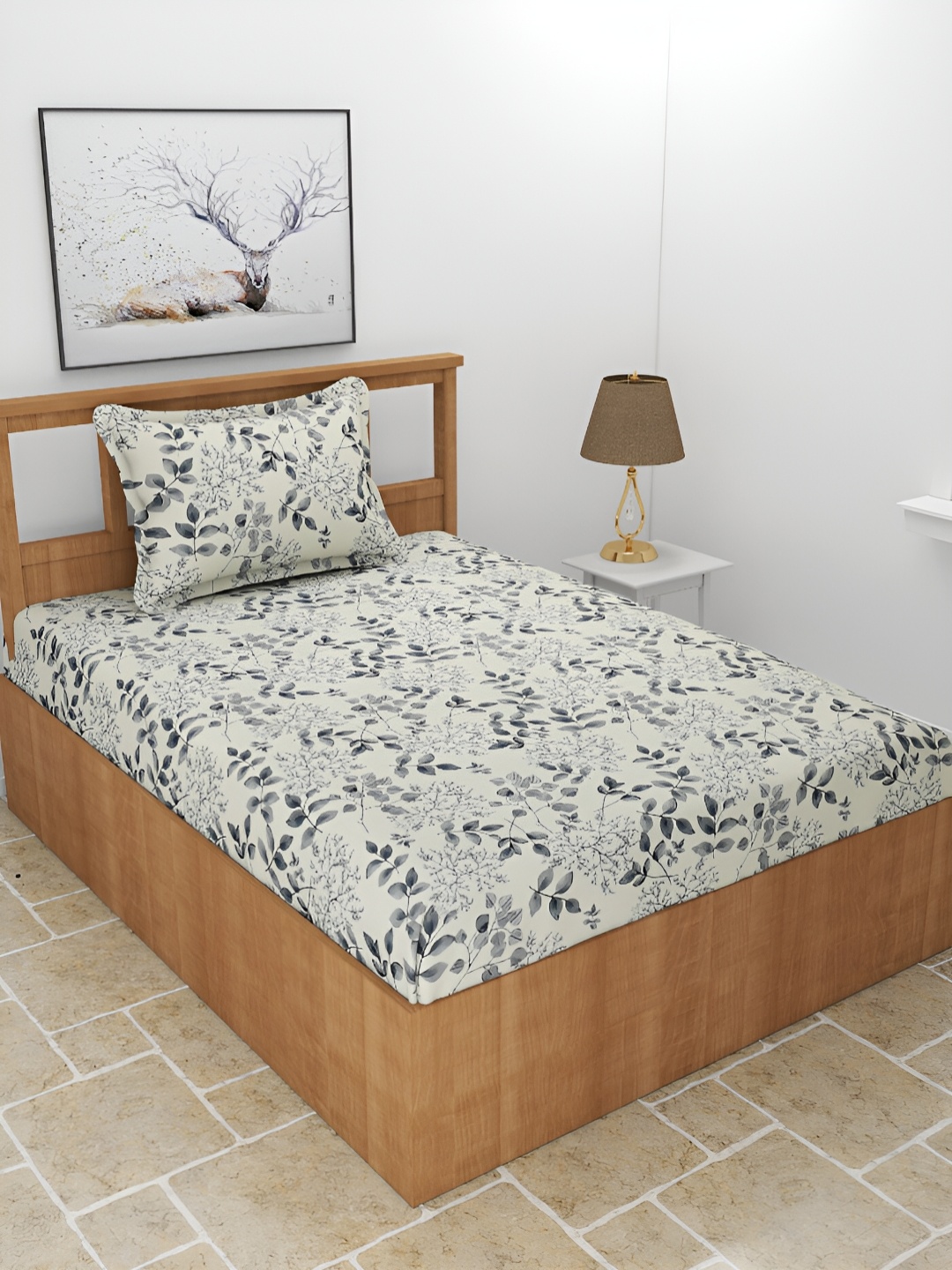 

BREVARD Cream, Grey 210 TC Floral Printed Single Bedsheet With 1 Pillow Cover