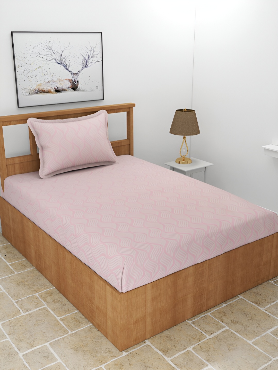 BREVARD Pink & Off White Abstract 210 TC Single Bedsheet With 1 Pillow Cover