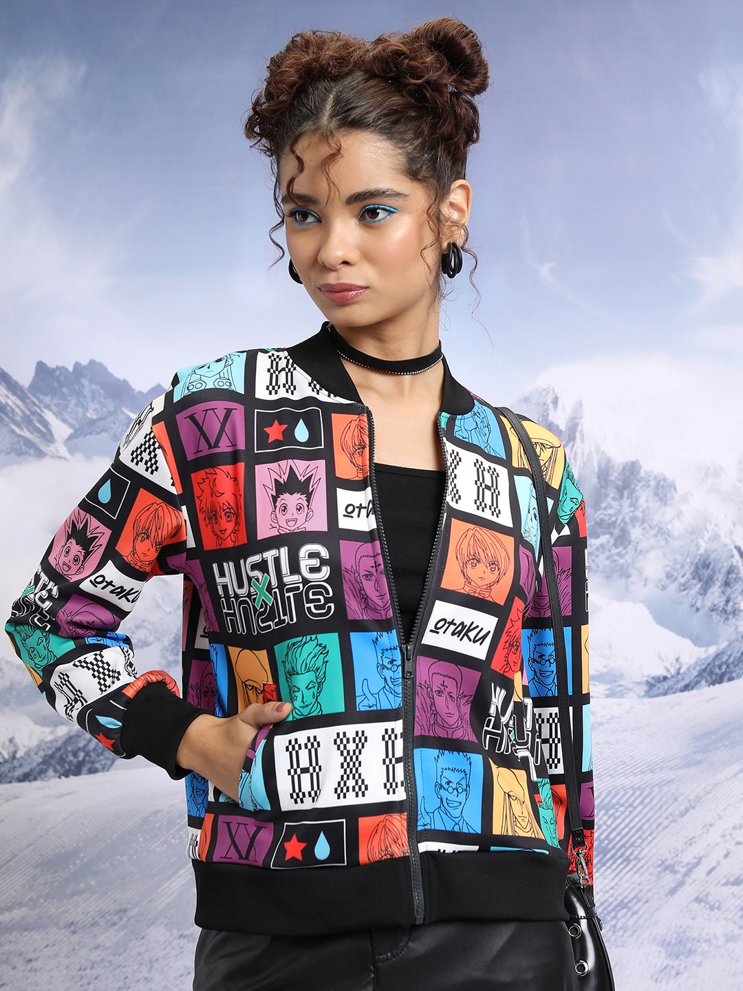 Tokyo Talkies Typography Printed Stand Collar Bomber Jacket, Black
