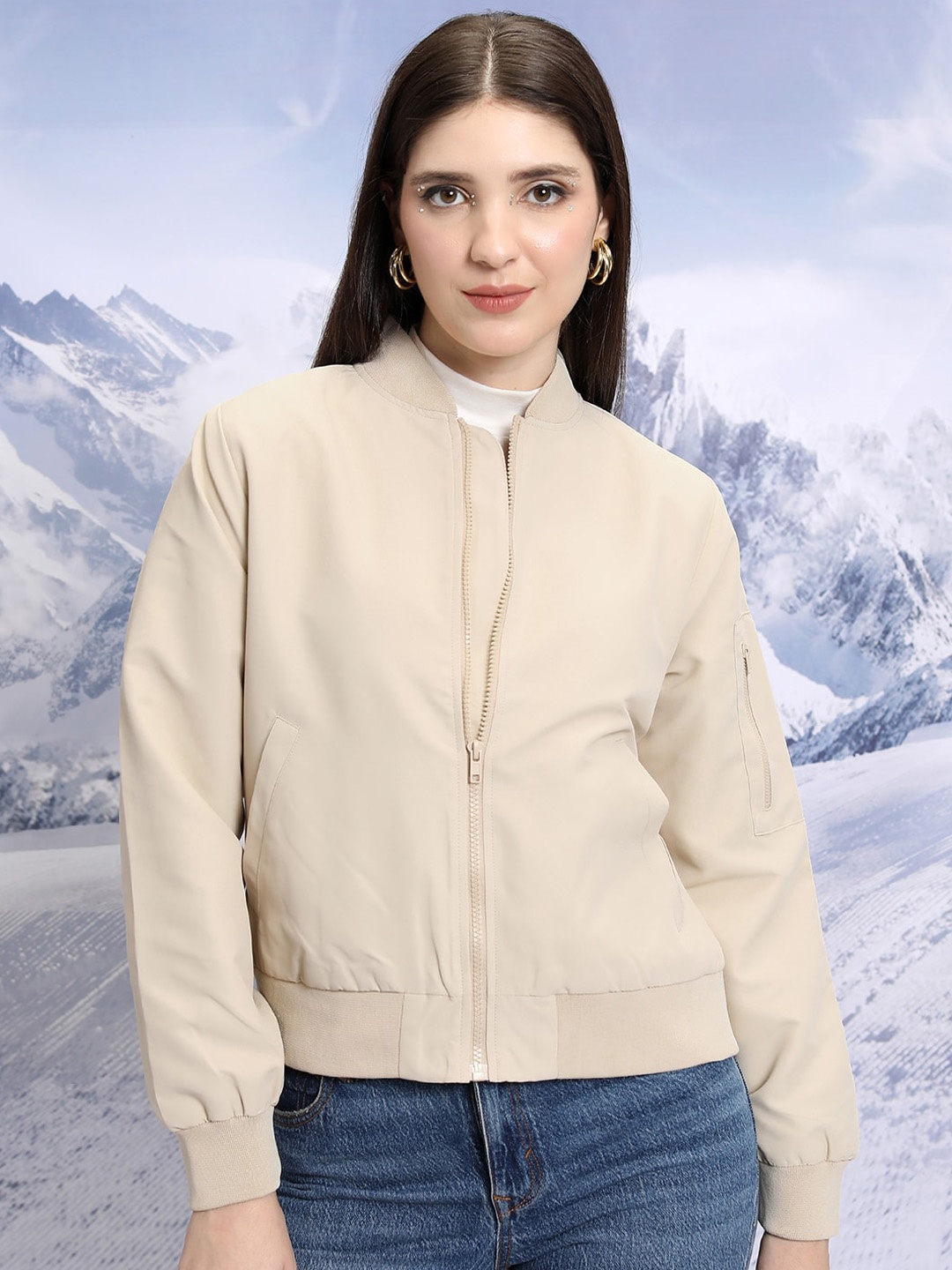 

Tokyo Talkies Beige Mock Collar Bomber Jacket
