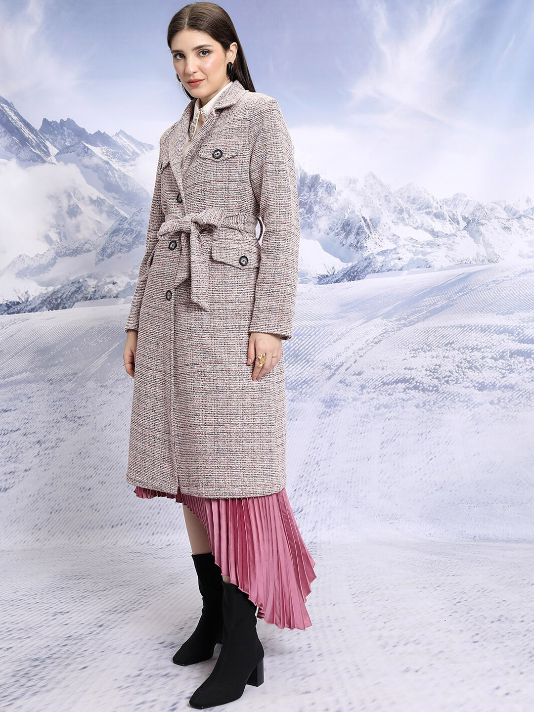 

CHIC BY TOKYO TALKIES Checked Regular Fit Belted Longline Trench Coat, Pink