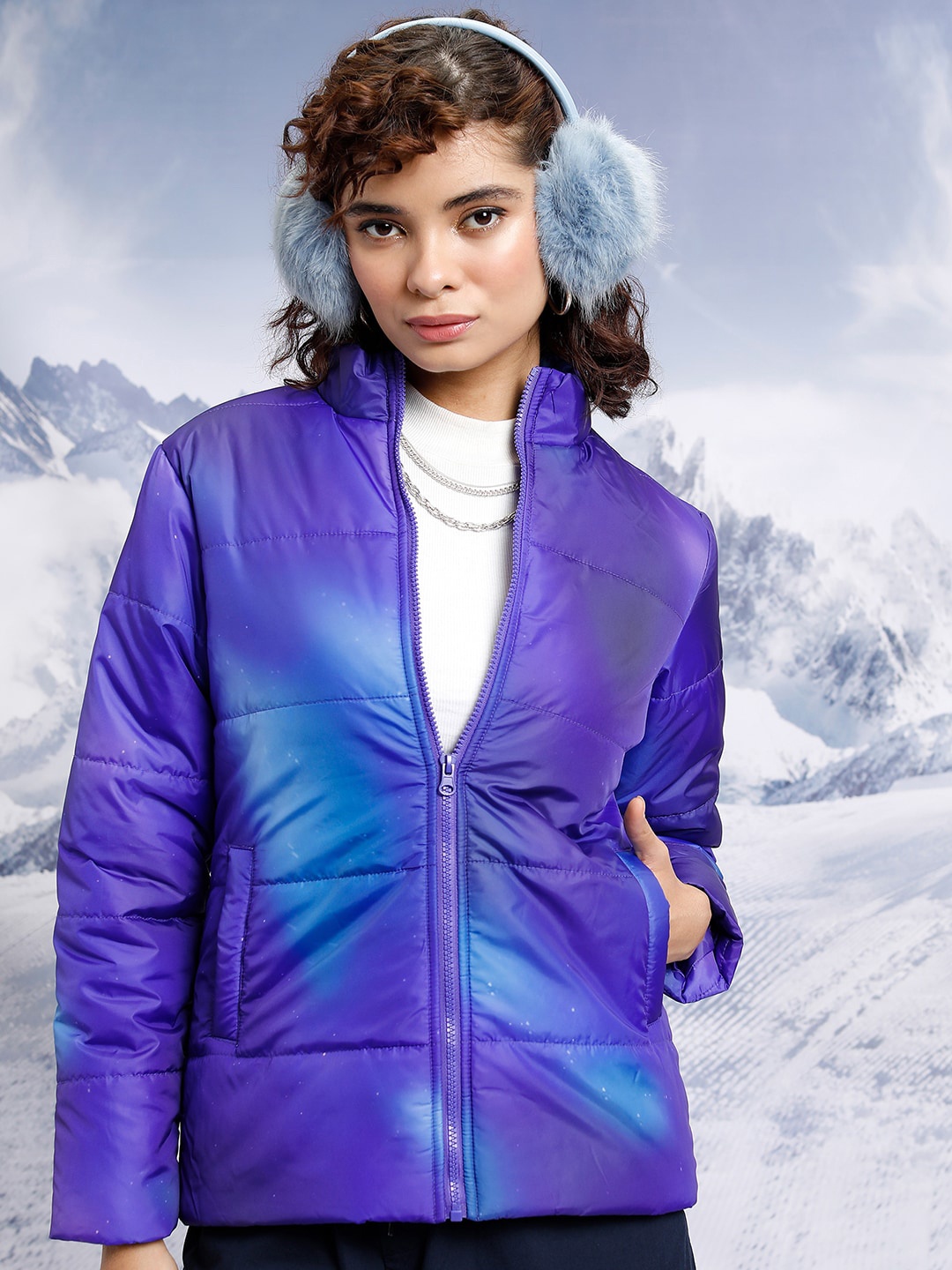 

Tokyo Talkies Printed Stand Collar Puffer Jacket, Blue