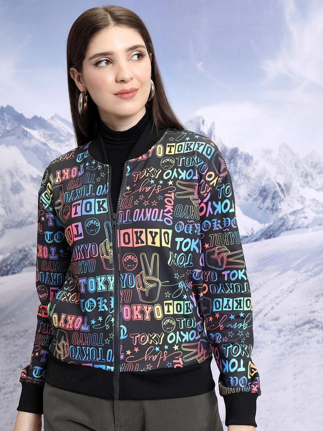 

Tokyo Talkies Printed Mandarin Collar Crop Bomber Jacket, Black