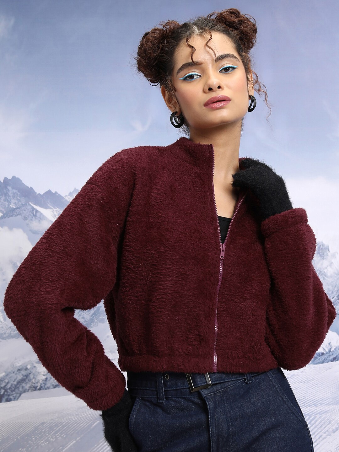 

Tokyo Talkies Stand Collar Crop Bomber Jacket, Maroon