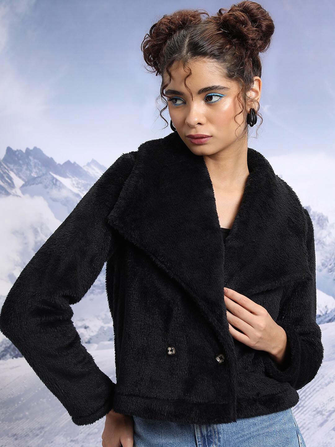 

Tokyo Talkies Fur Self Design Lapel Collar Crop Tailored Jacket, Black