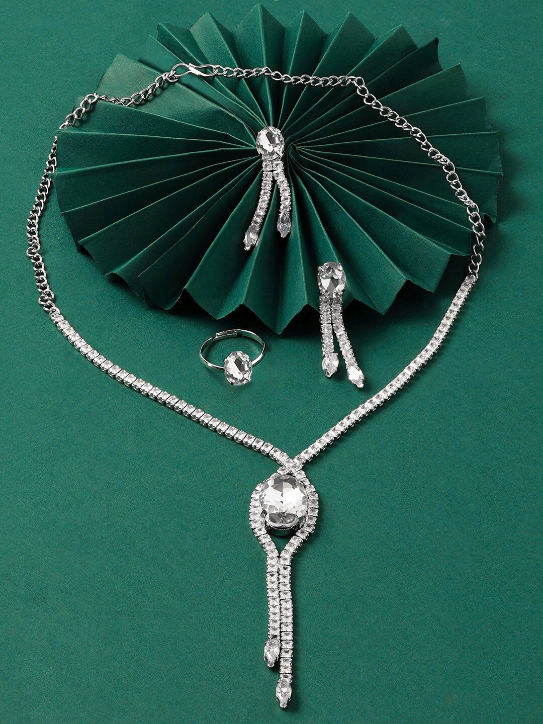 

AMI Silver-Plated Cubic Zirconia-Studded Jewellery Set With Finger Ring